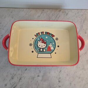 New Hello Kitty Christmas Ceramic Dish Baking Dish Snow Globe 12" x 8" Sanrio